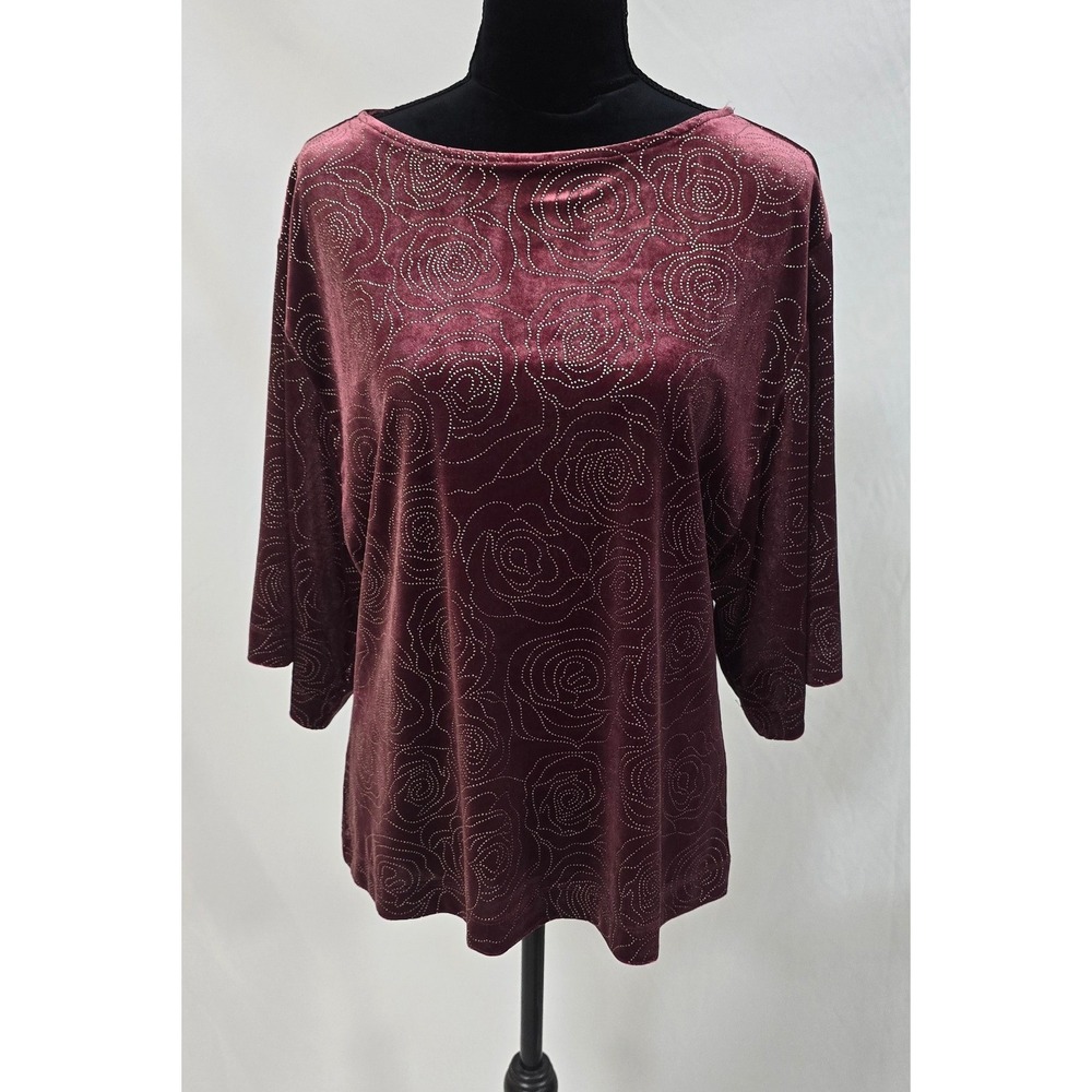 Chico's women‎ M/1 velvet 3/4 sleeve silver embossed roses bejeweled festive